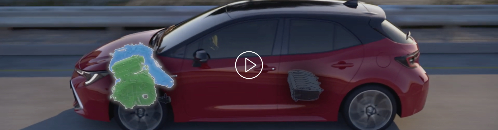 Červený vůz Toyota Corolla s animací motoru a baterie.